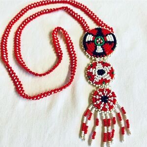 Vintage Thunderbird Native American red medallion Hand Beaded Boho  Necklace